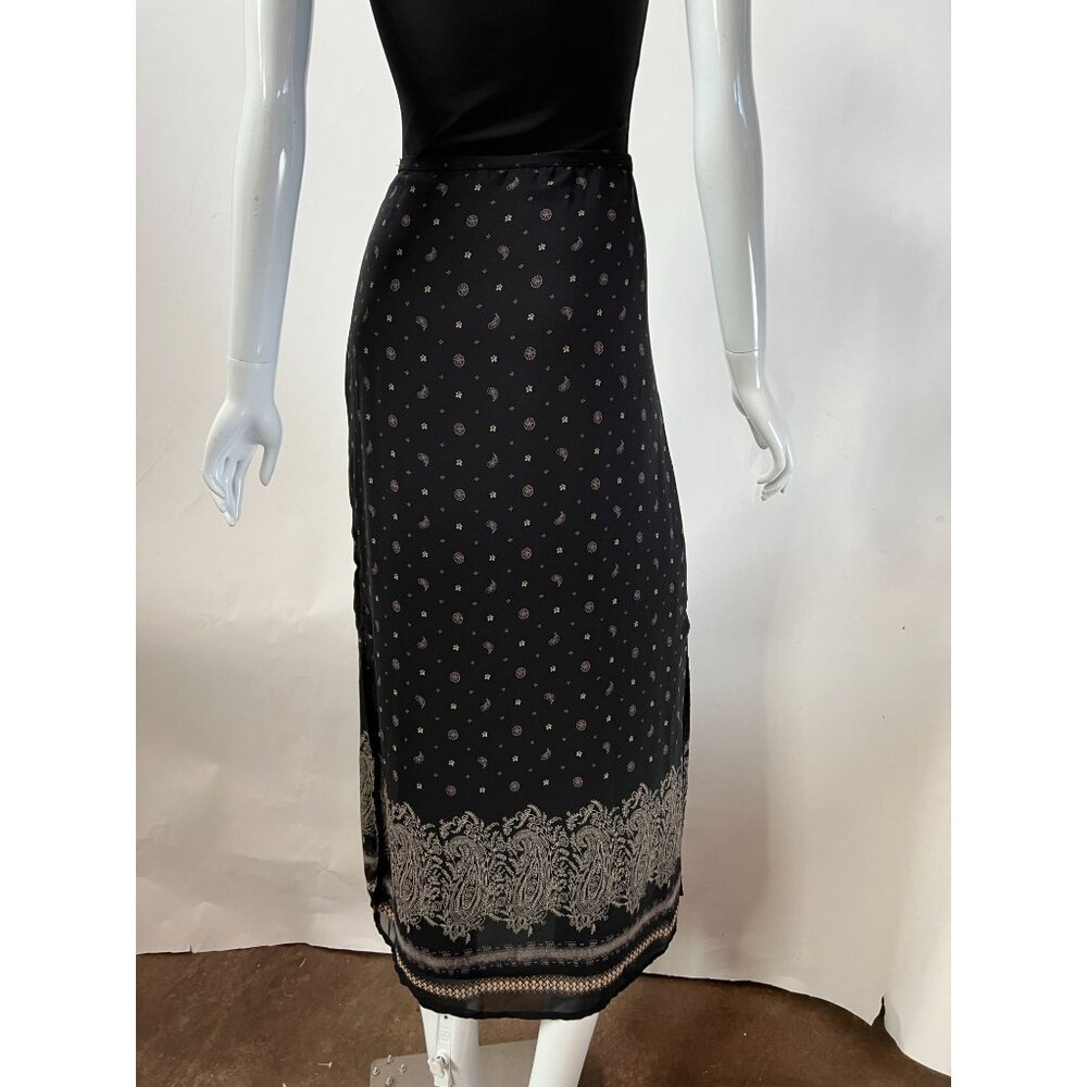 Vintage Black Midi Skirt sz 10  With Paisley & Floral Print Side Slit Button Clo - Picture 2 of 15